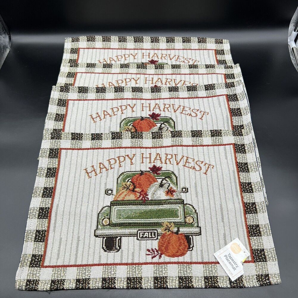 Fall Tapestry Fabric Placemats Set Of 4 Happy Harvest Retro Truck With Pumpkins